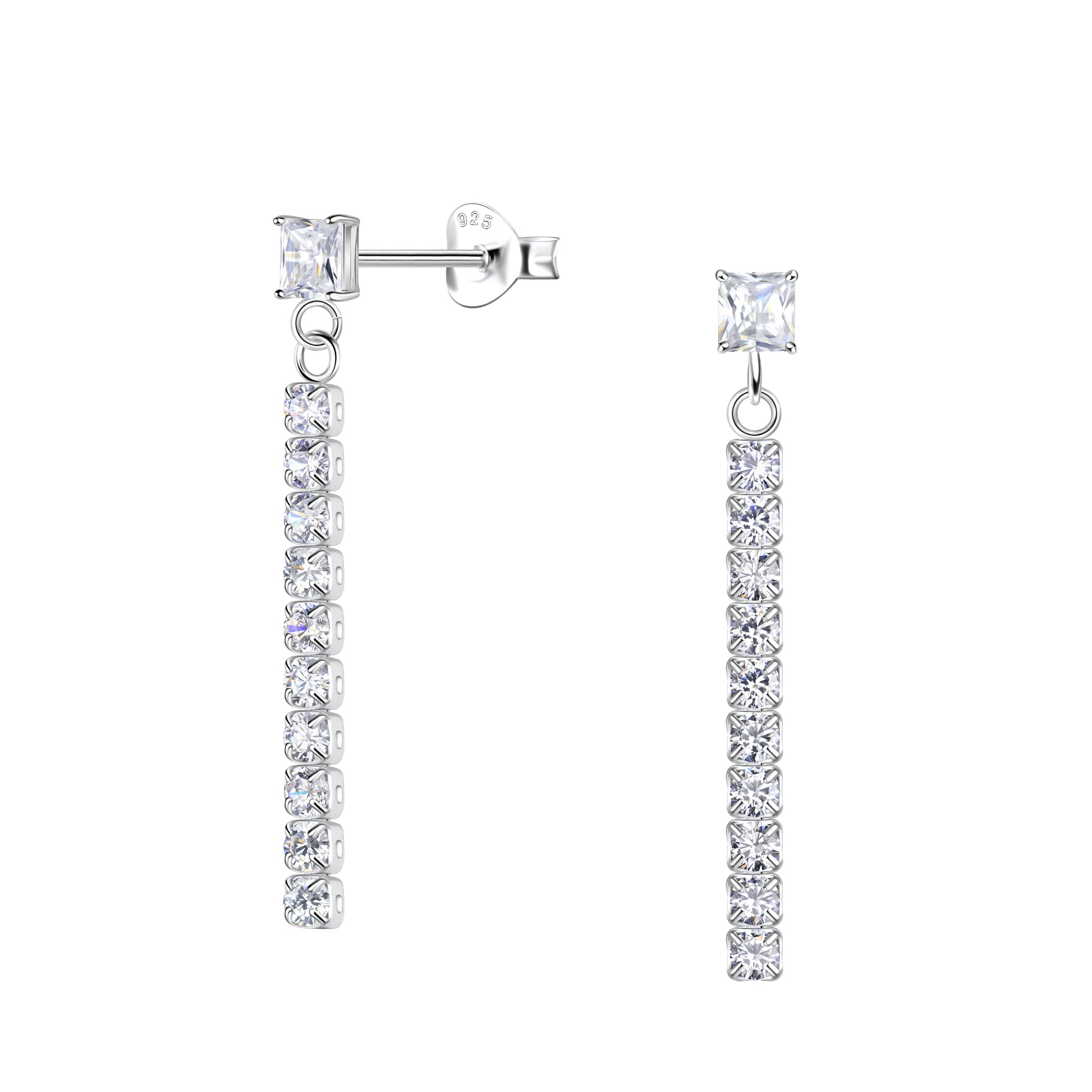 Melchior Jewellery Silver Square Stud Earrings with Hanging Tennis Chain featuring sparkling crystal stones