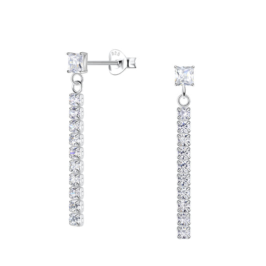 Melchior Jewellery Silver Square Stud Earrings with Hanging Tennis Chain featuring sparkling crystal stones