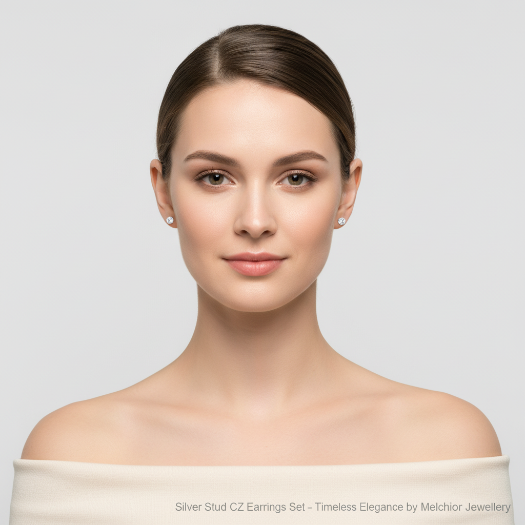 Elegant woman wearing silver stud cz earrings by Melchior Jewellery with timeless design
