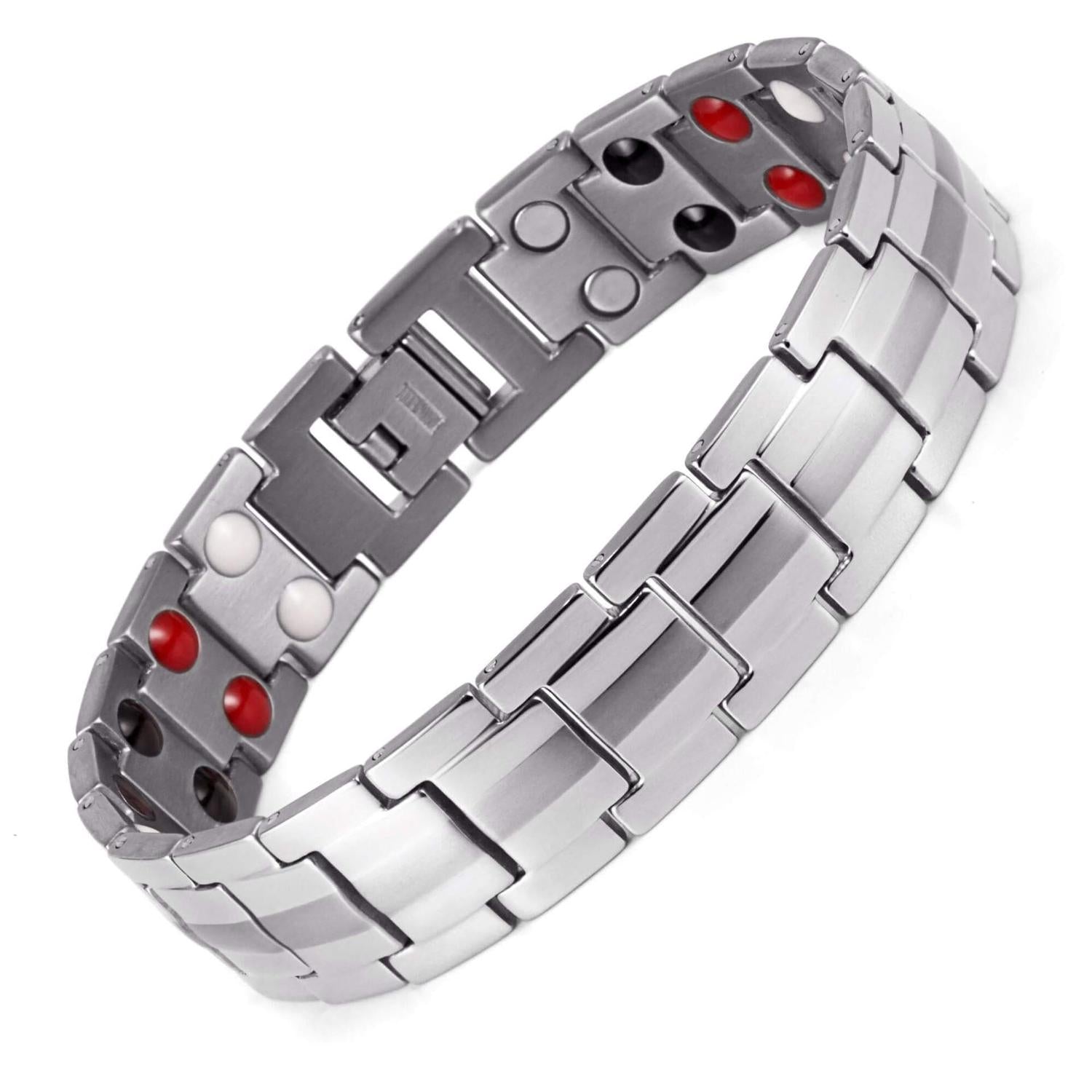 Silver titanium magnetic bracelet by Melchior Jewellery with polished links and magnetic therapy elements