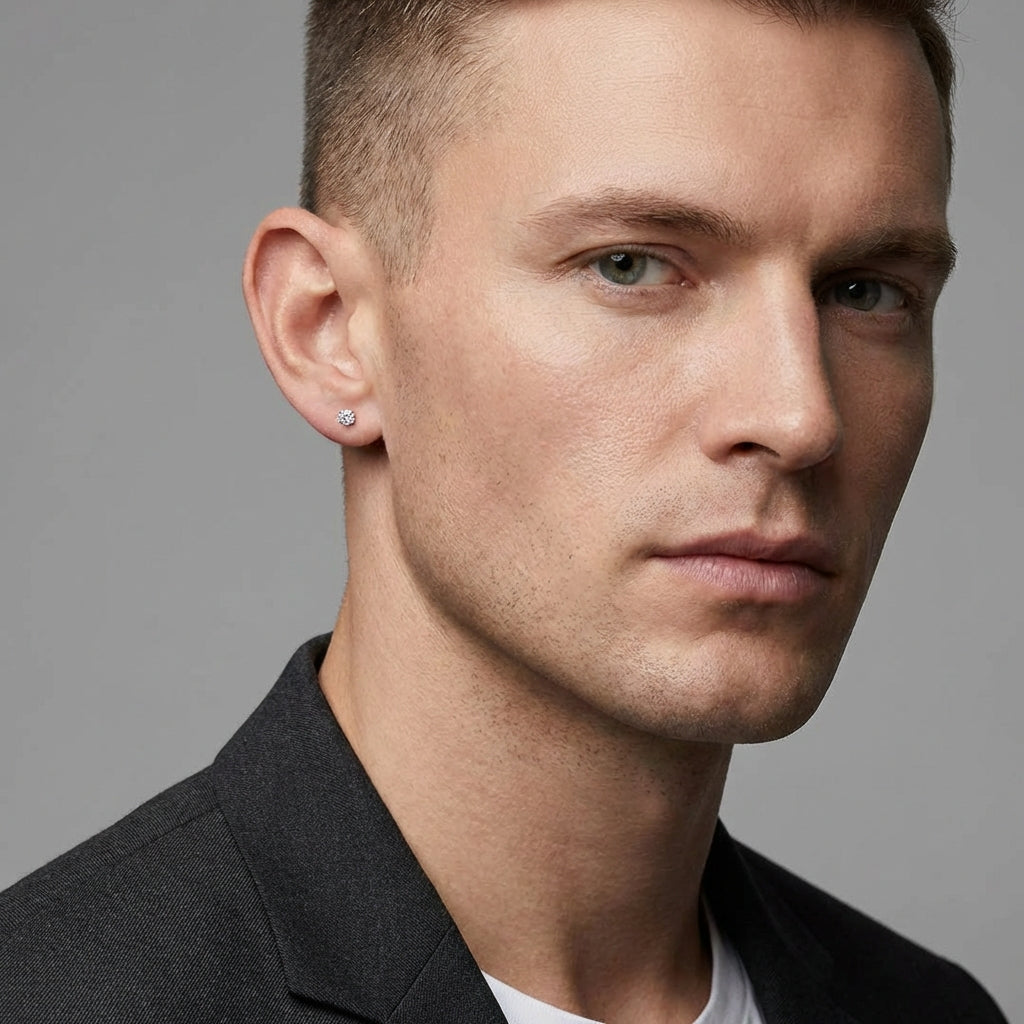 Melchior Jewellery single 6mm cubic zirconia earring for men worn by man with short hair and grey blazer