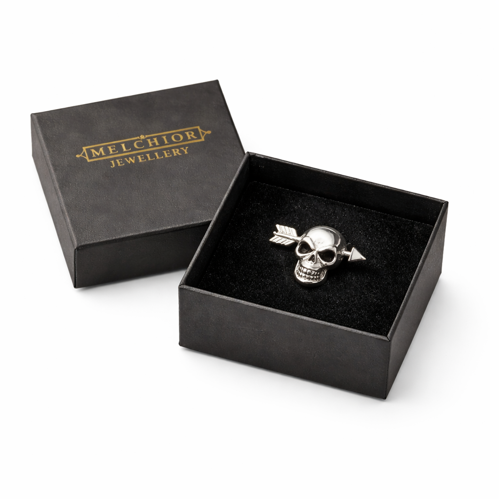 Melchior Jewellery single skull earring for men in silver tone with arrow design in black gift box