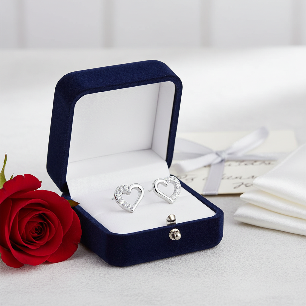 Melchior Jewellery small heart shaped cubic zirconia studs displayed in navy velvet box with red rose