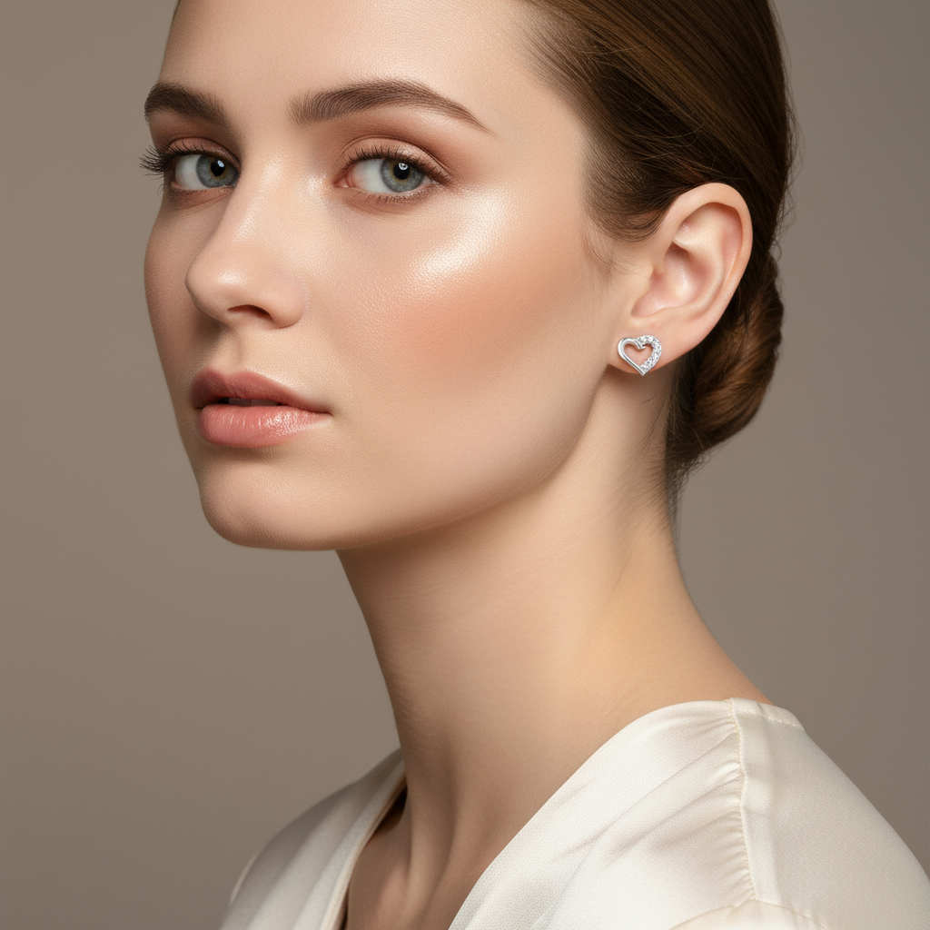 Melchior Jewellery small heart shaped cubic zirconia studs worn by woman with smooth skin and brown hair