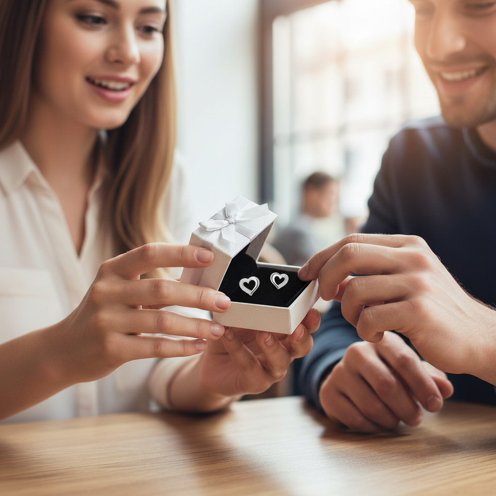 Small open heart earrings with white CZ displayed in a gift box held by a smiling couple at a table