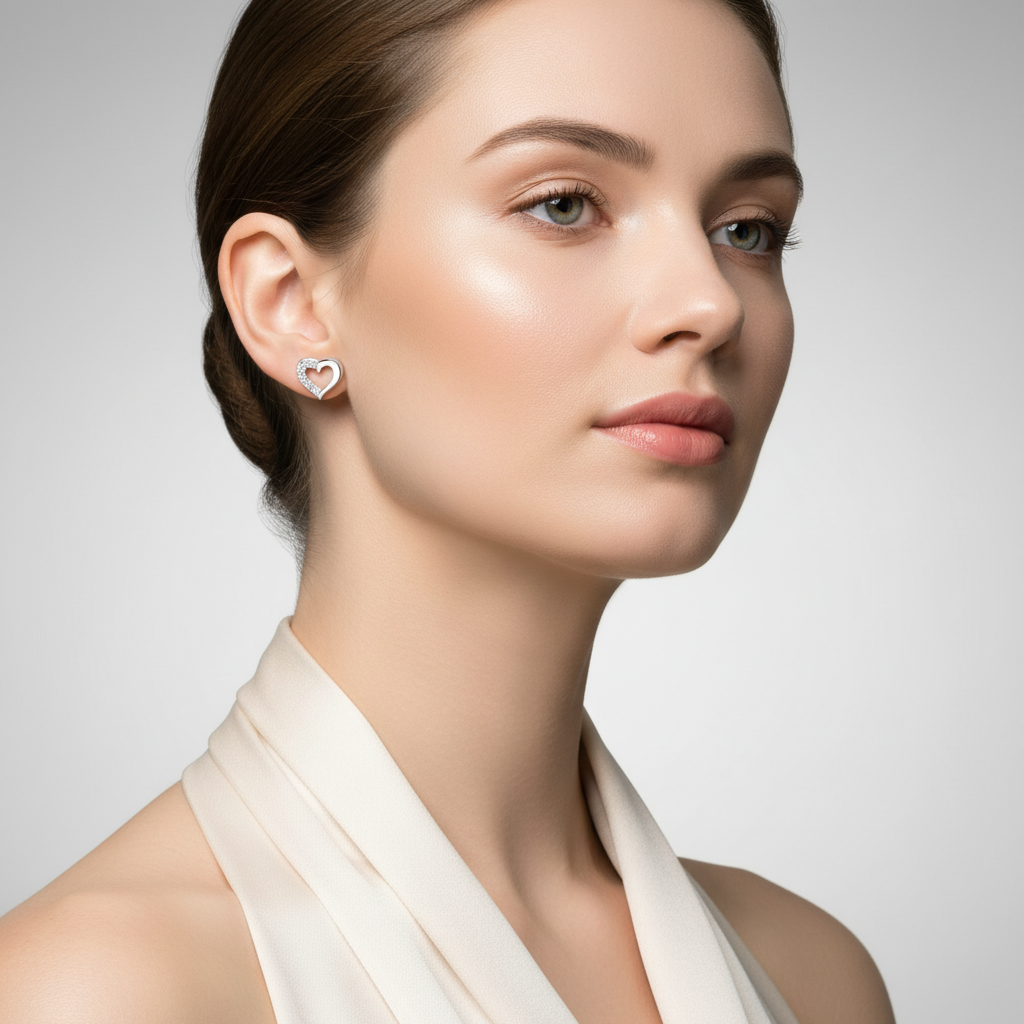 Melchior Jewellery small open heart earrings with white CZ worn by model with elegant cream top