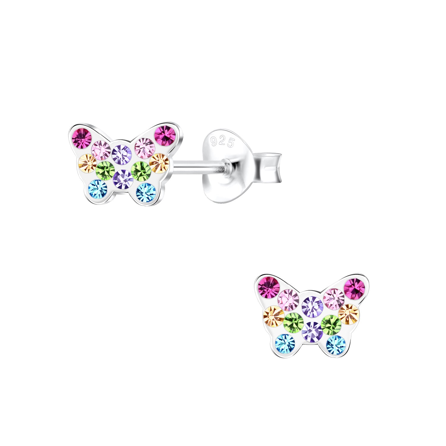 Melchior Jewellery sparkle butterfly earrings for girls with multicoloured stones on sterling silver studs