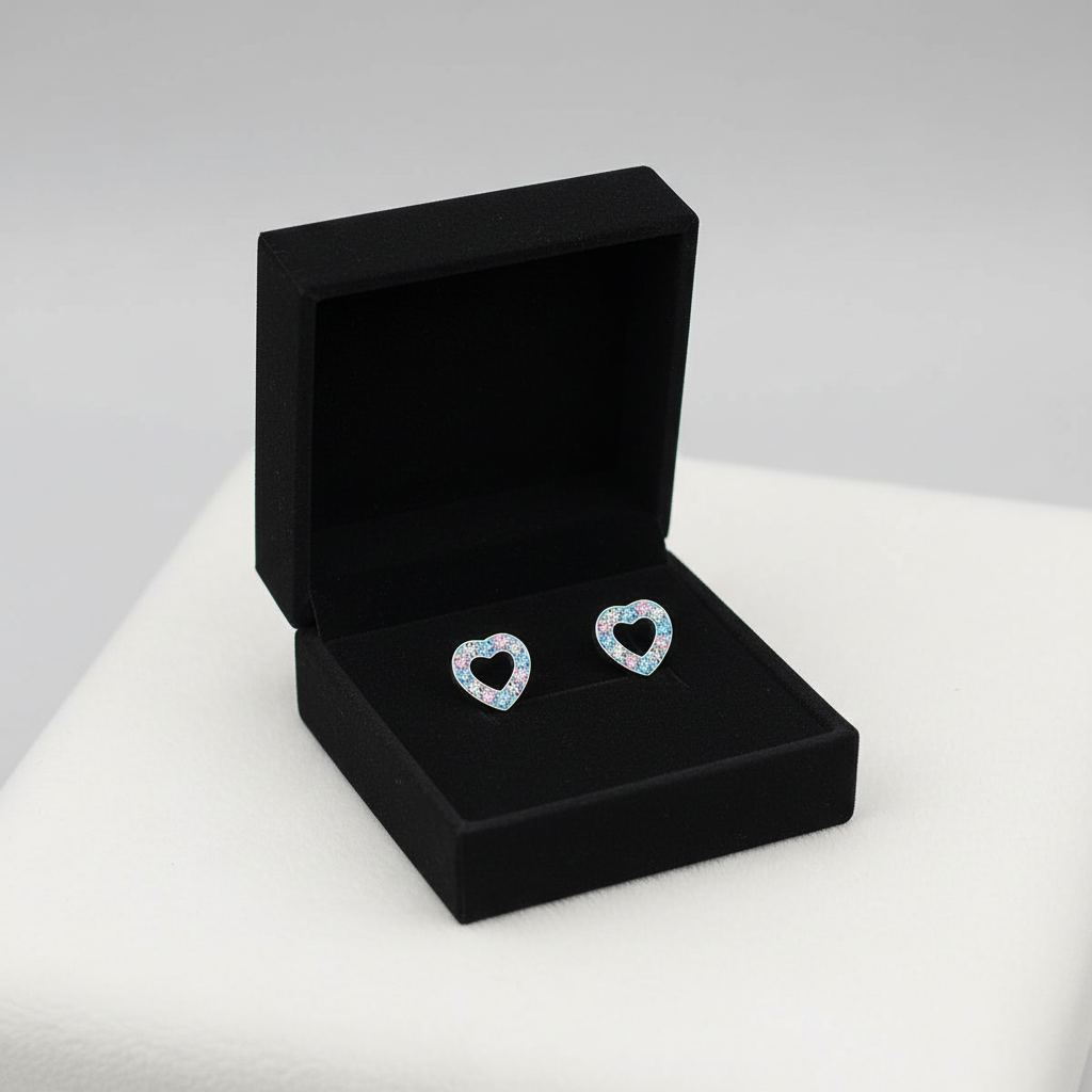 Melchior Jewellery sparkle heart stud earrings for kids in a black velvet box