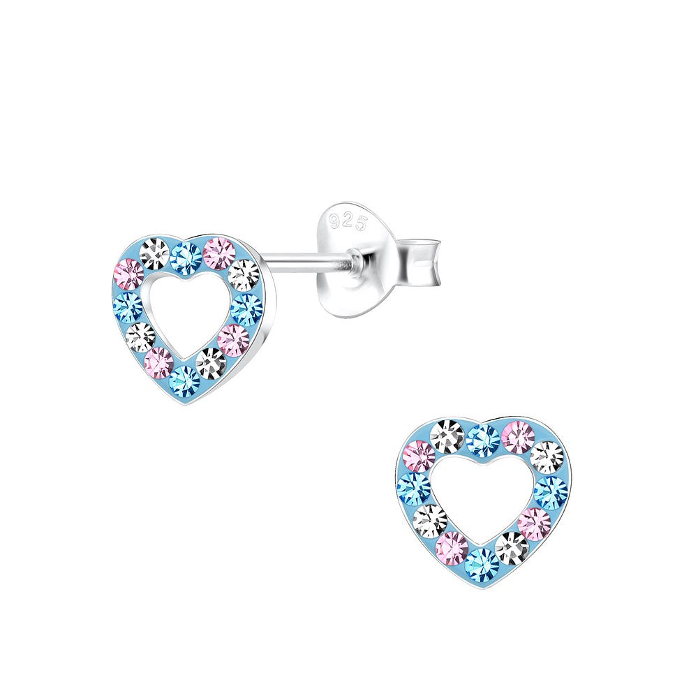 Melchior Jewellery sparkle heart stud earrings for kids with pink blue and clear stones in silver