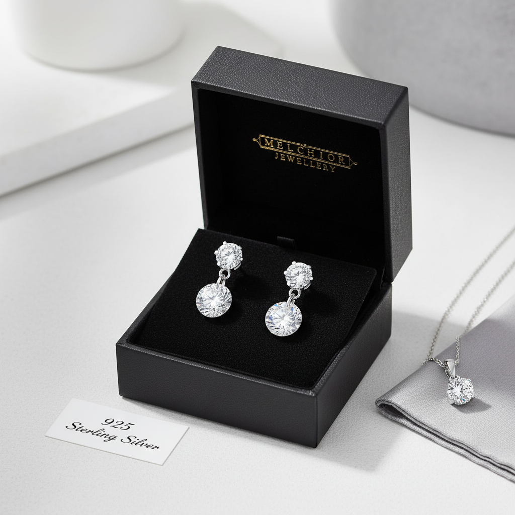 Melchior Jewellery sparkling CZ earrings for women in black box with sterling silver tag