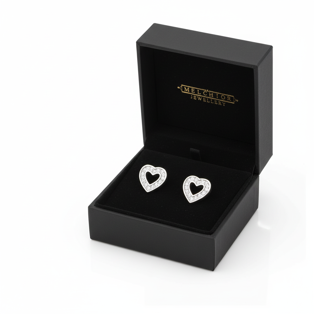 Melchior Jewellery sparkly cubic zirconia heart earrings displayed in black gift box