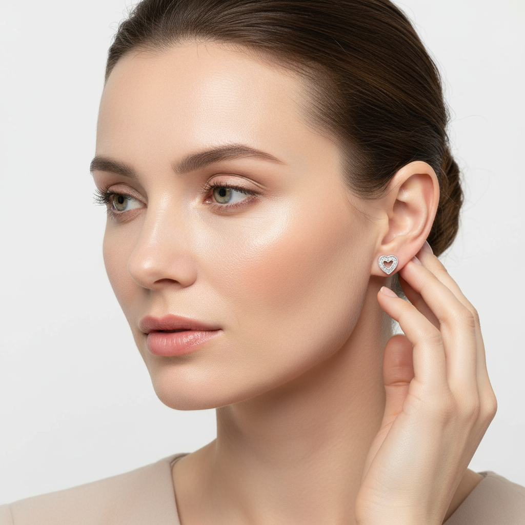 Melchior Jewellery sparkly cubic zirconia heart earrings worn by woman with delicate hand pose