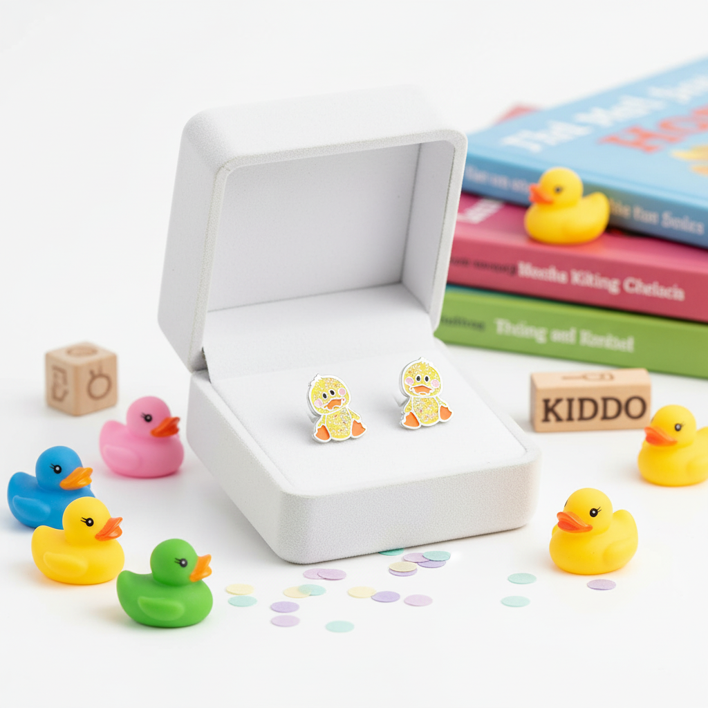 Sparkly duck stud earrings for kids displayed in a white box surrounded by colourful rubber ducks and children's books