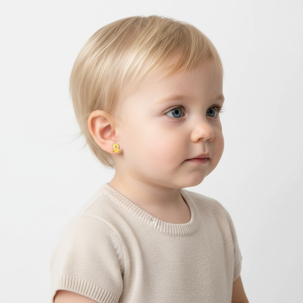 Child wearing sparkly duck stud earrings for kids by Melchior Jewellery against a white background