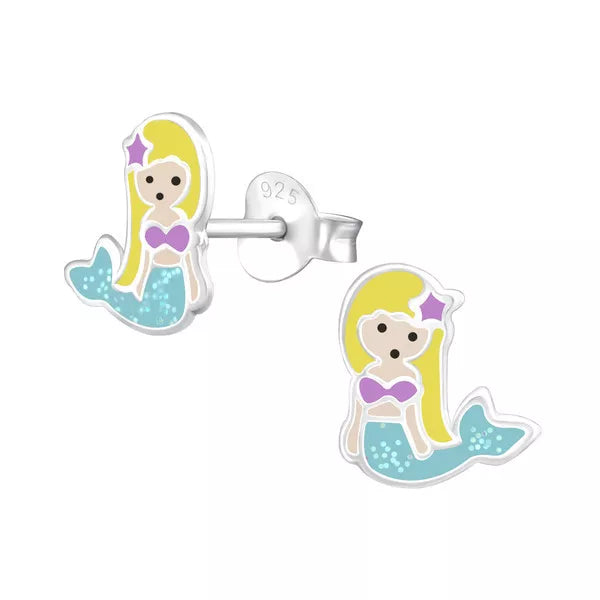 Melchior Jewellery sparkly mermaid stud earrings for kids in silver with colourful enamel detailing