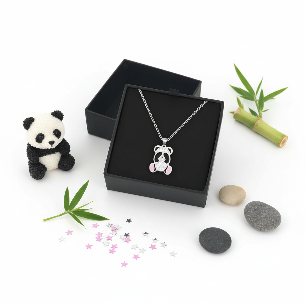 Melchior Jewellery sparkly panda bear necklace for kids displayed in black gift box with panda toy and decorative stones