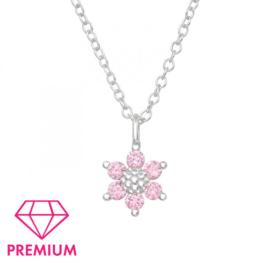 Melchior Jewellery sparkly pink flower necklace for kids with silver chain and gemstone petals