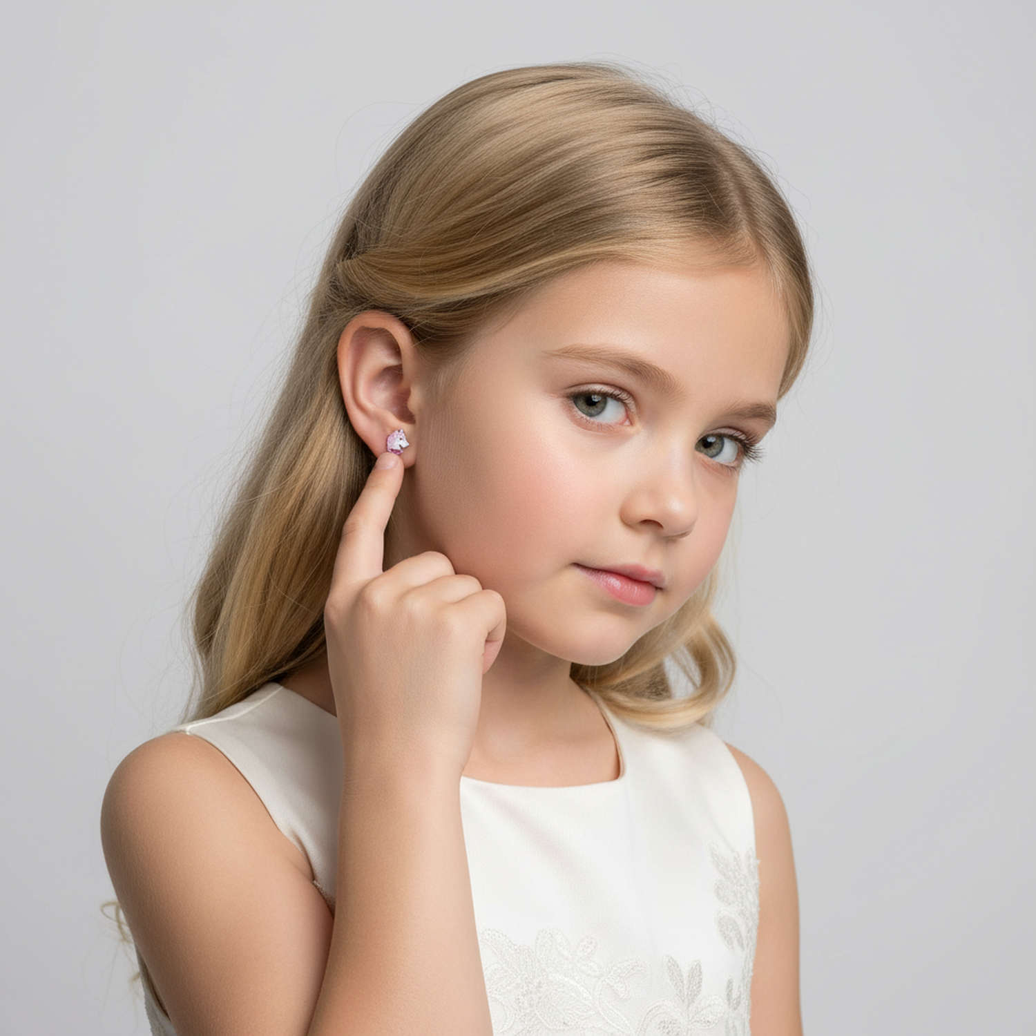 Young girl wearing sparkly pink unicorn earrings for kids from Melchior Jewellery
