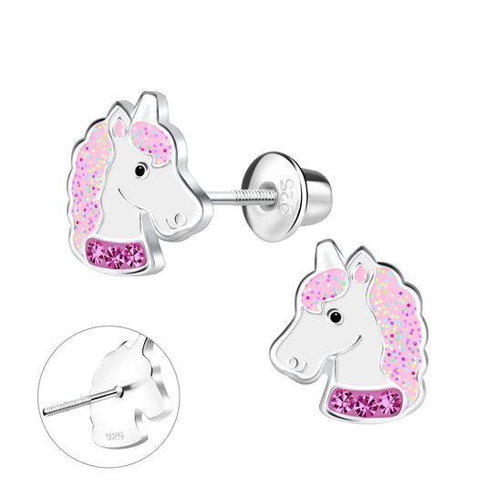 Melchior Jewellery sparkly pink unicorn earrings for kids in sterling silver with colourful glitter details