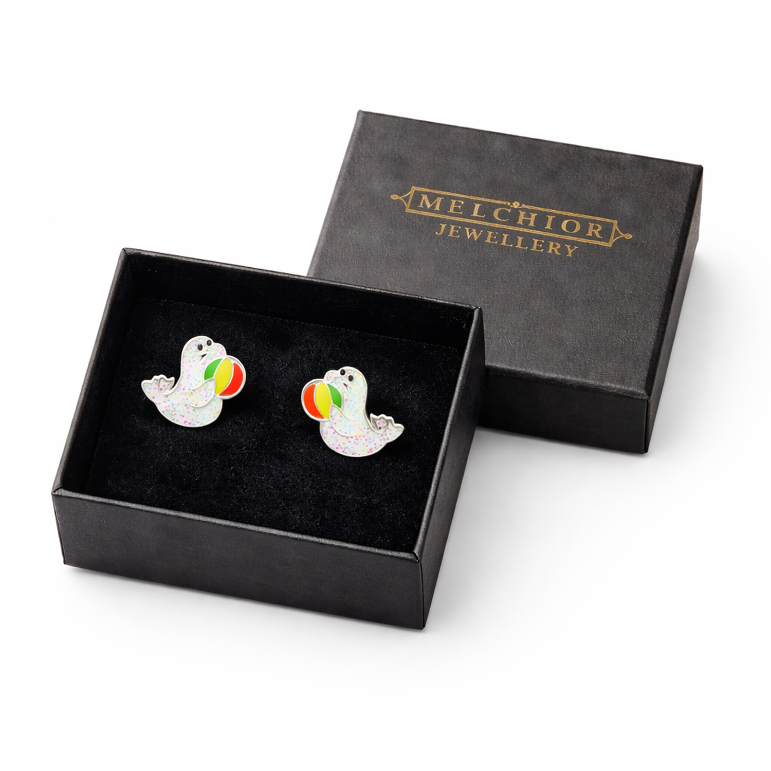Melchior Jewellery sparkly seal stud earrings for kids in black gift box with colourful beach ball design