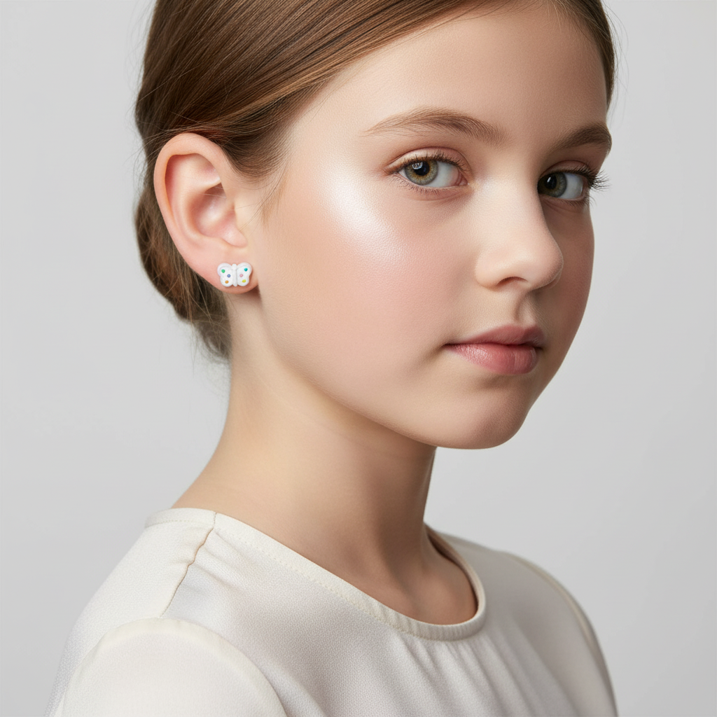 Spotted butterfly earrings for girls worn by child model showcasing Melchior Jewellery childrens earrings