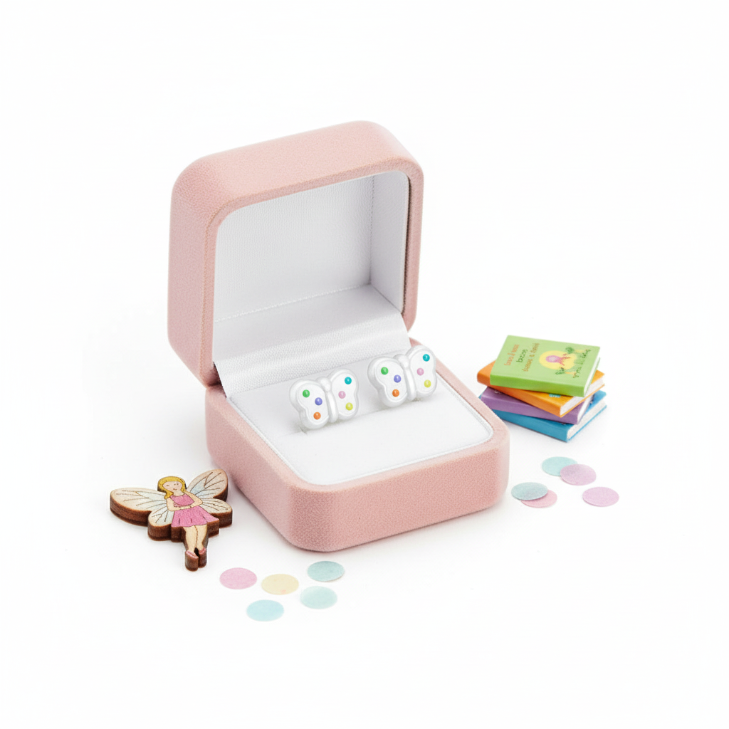 Melchior Jewellery spotted butterfly earrings for girls in white with multicolour spots in pink jewellery box