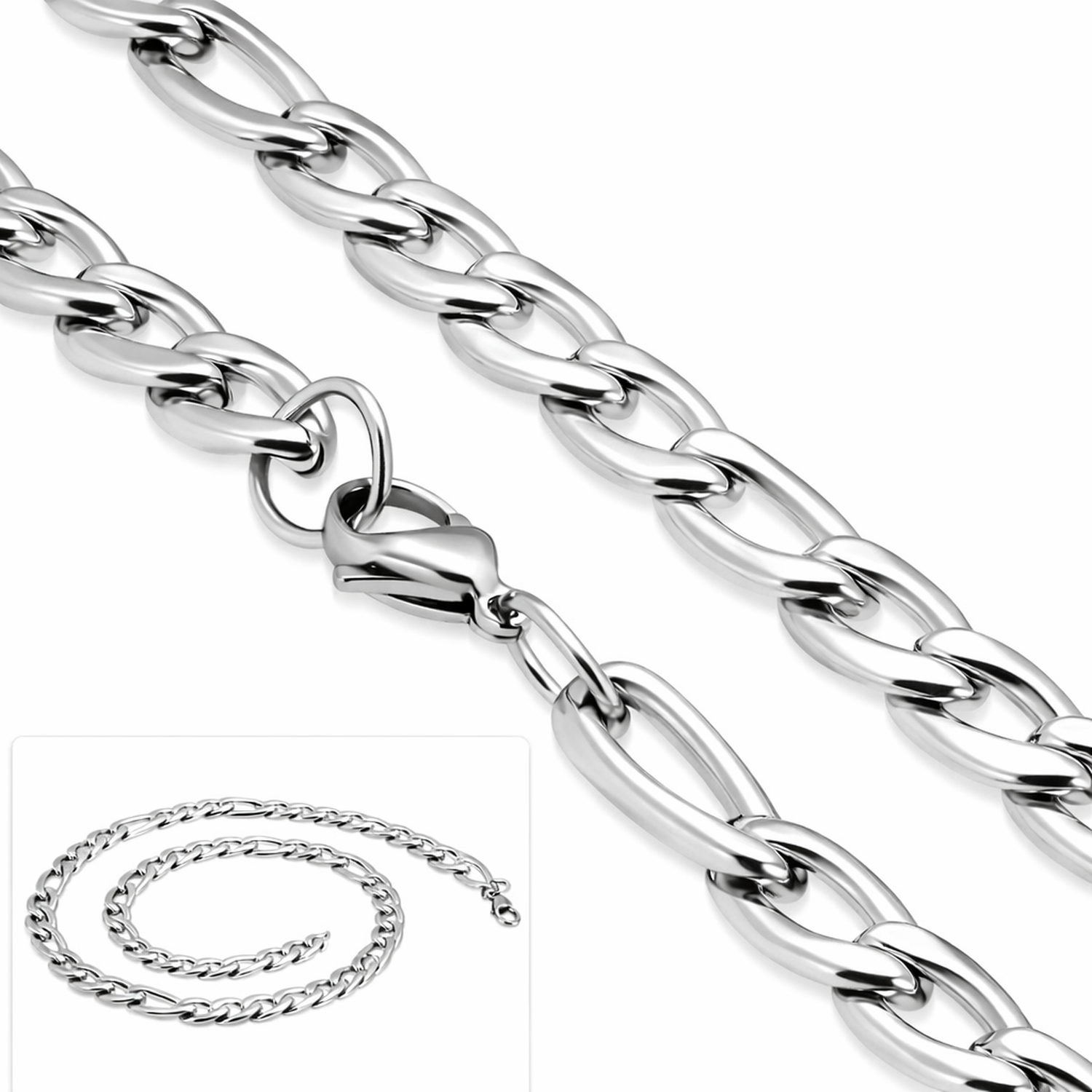 Melchior Jewellery Stainless Steel Figaro Flat Chain necklace in shiny silver with polished links and secure lobster clasp