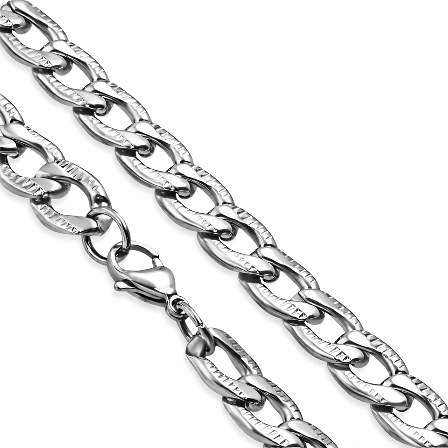 Silver stainless steel flat curb chain necklace by Melchior Jewellery with textured links and lobster clasp