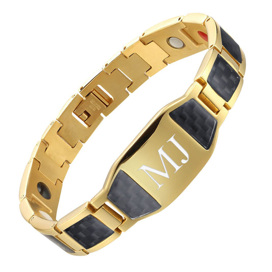 Melchior Jewellery stainless steel gold magnetic therapy bracelet with black carbon fibre inlays and MJ engraving