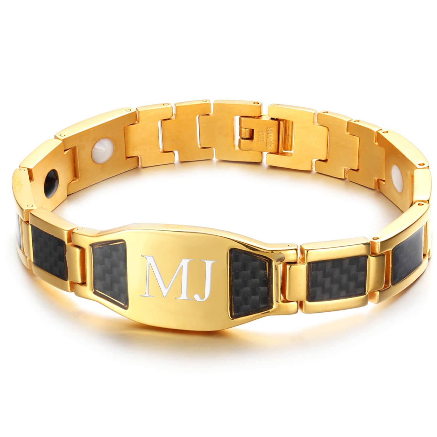 Melchior Jewellery stainless steel gold magnetic therapy bracelet with carbon fibre inlays and MJ engraving