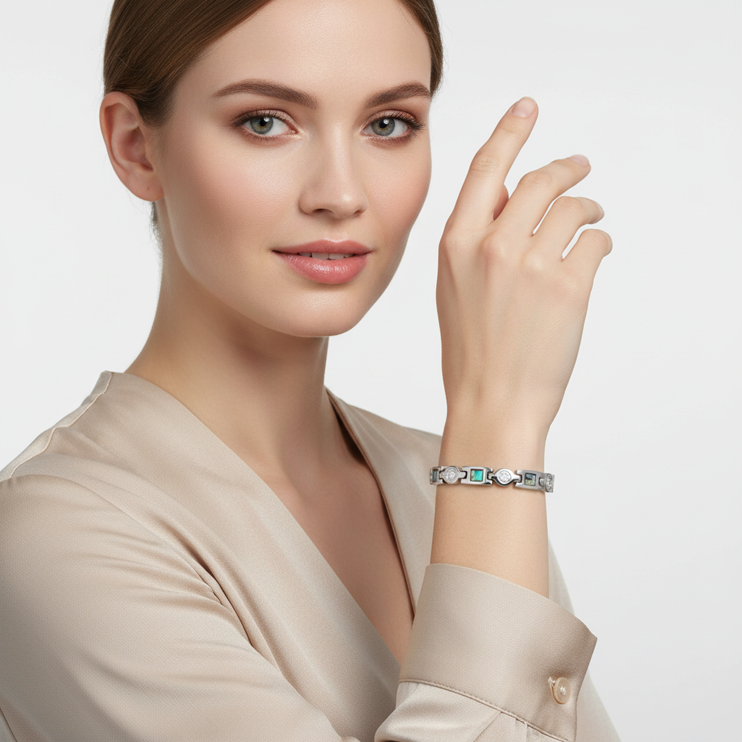 Melchior Jewellery stainless steel magnetic bracelet for women worn by model with beige blouse