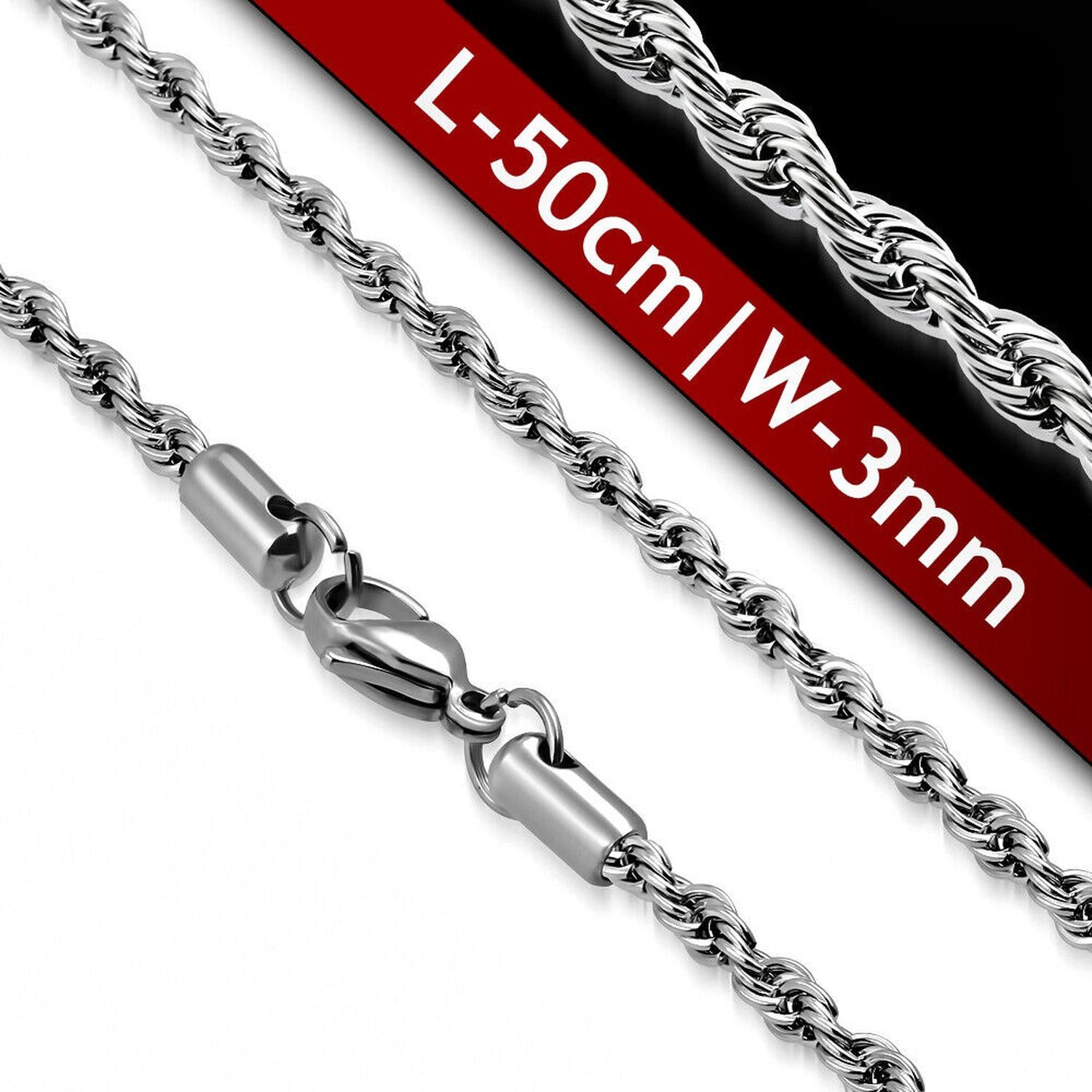 Silver stainless steel rope chain necklace by Melchior Jewellery 50cm length 3mm width with lobster clasp