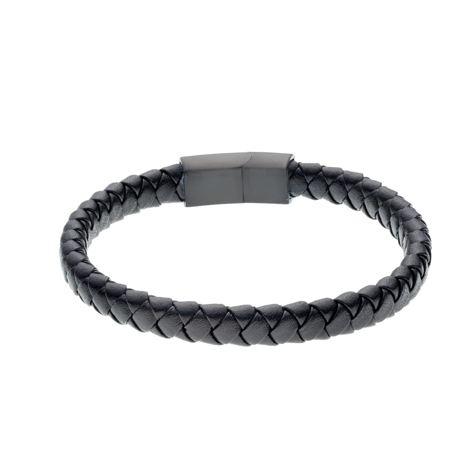 Black leather stainless steel woven bracelet with magnetic clasp for men by Sentiell