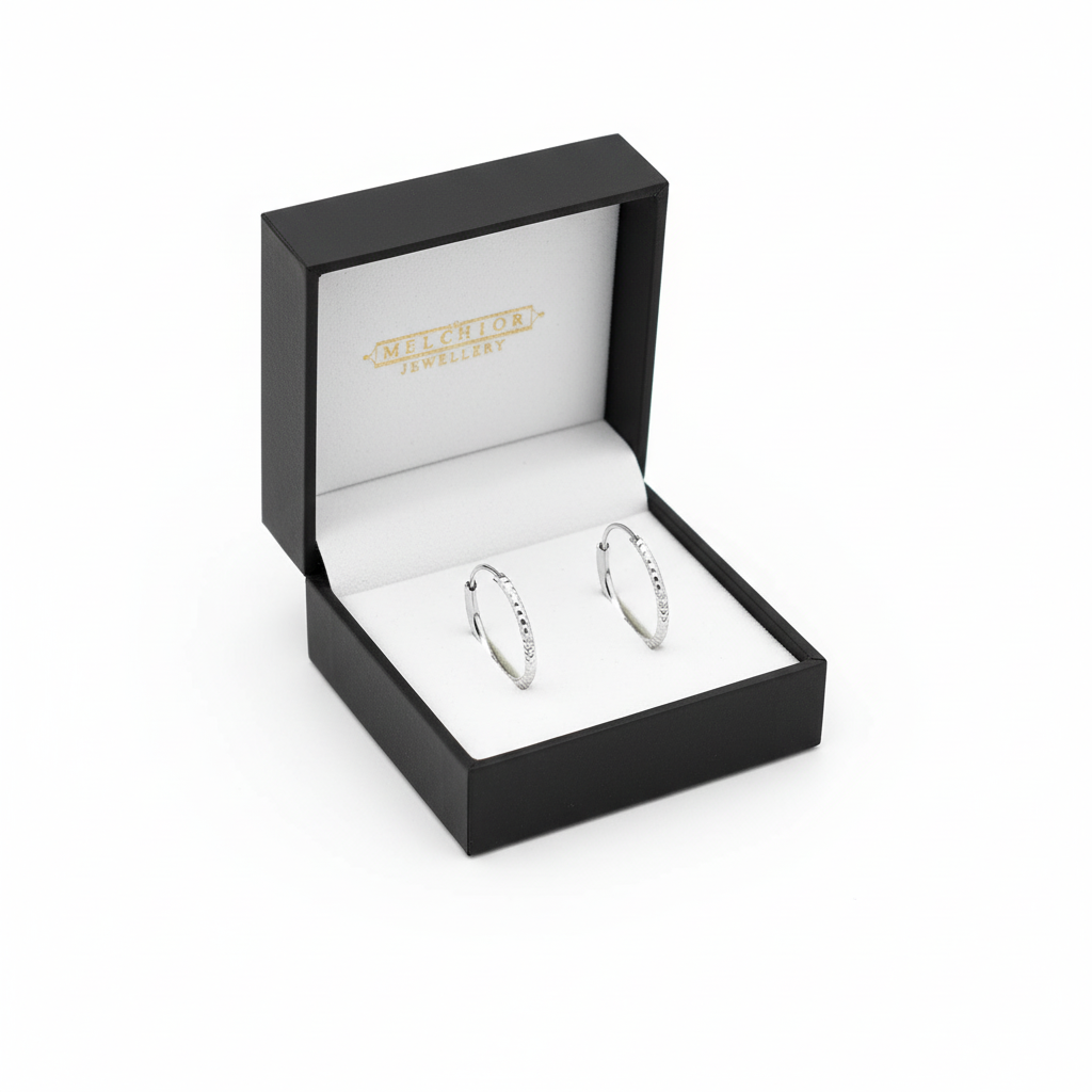 Melchior Jewellery sterling silver 18mm diamond cut hoop earrings in black gift box