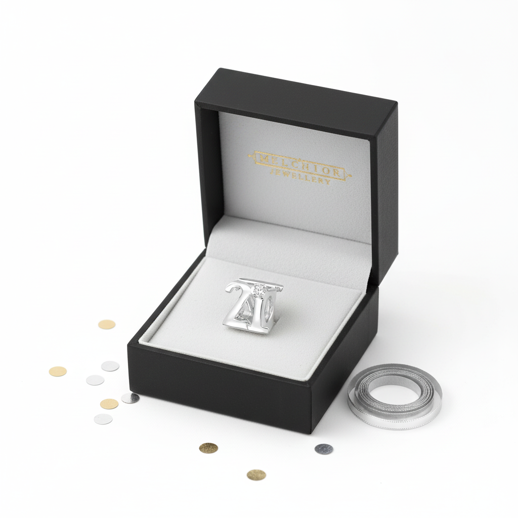Melchior Jewellery sterling silver 21st birthday charm bead in black gift box with ribbon and confetti