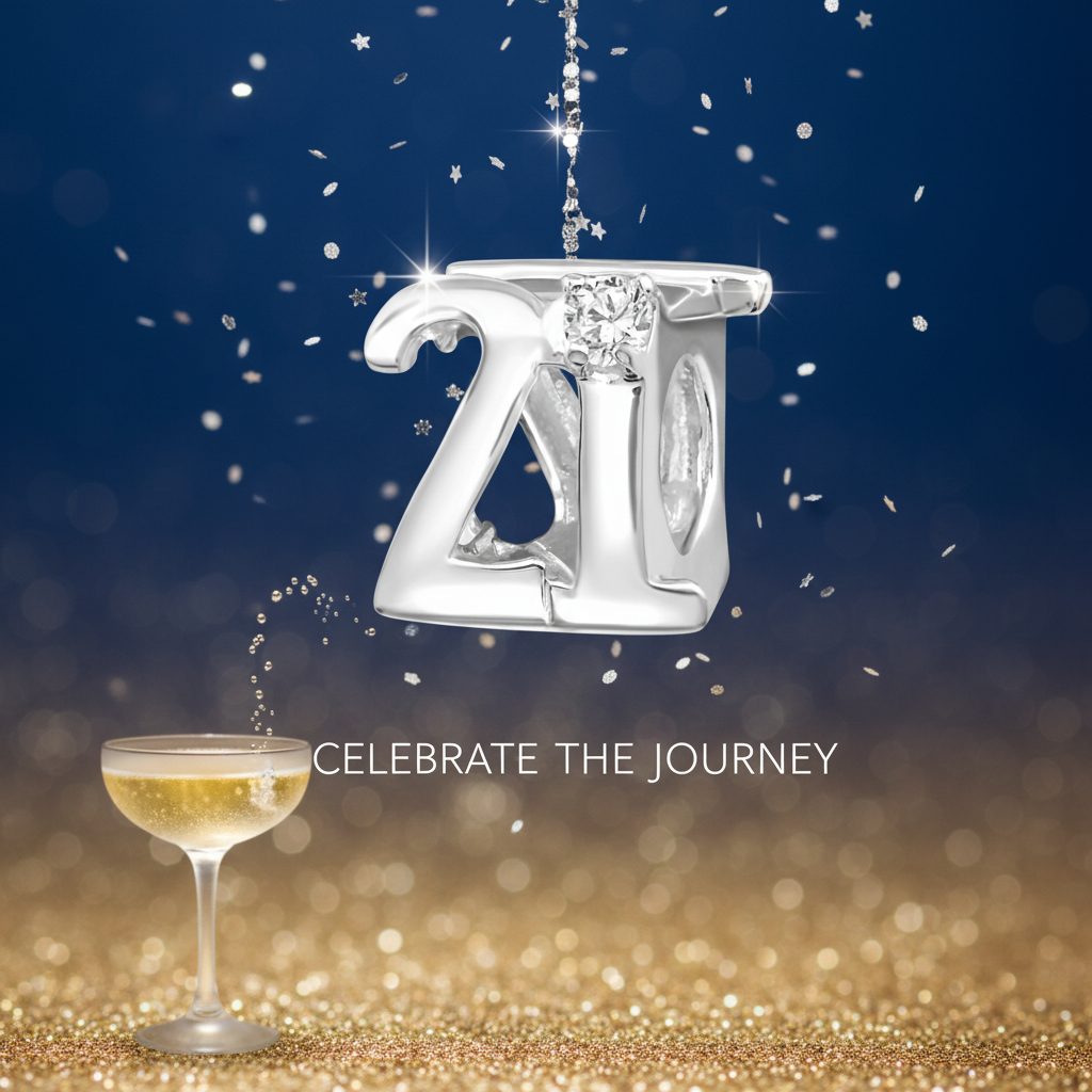 Sterling silver 21st birthday charm bead from Melchior Jewellery with sparkling detail and celebratory design