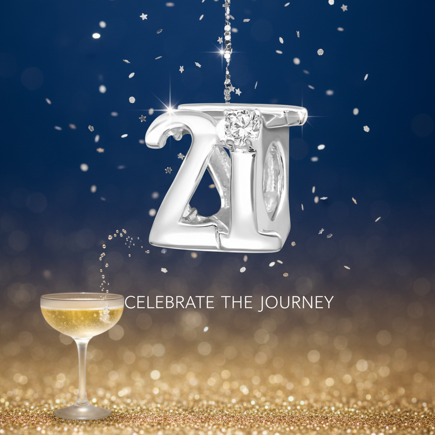 Sterling silver 21st birthday charm bead from Melchior Jewellery with sparkling detail and celebratory design