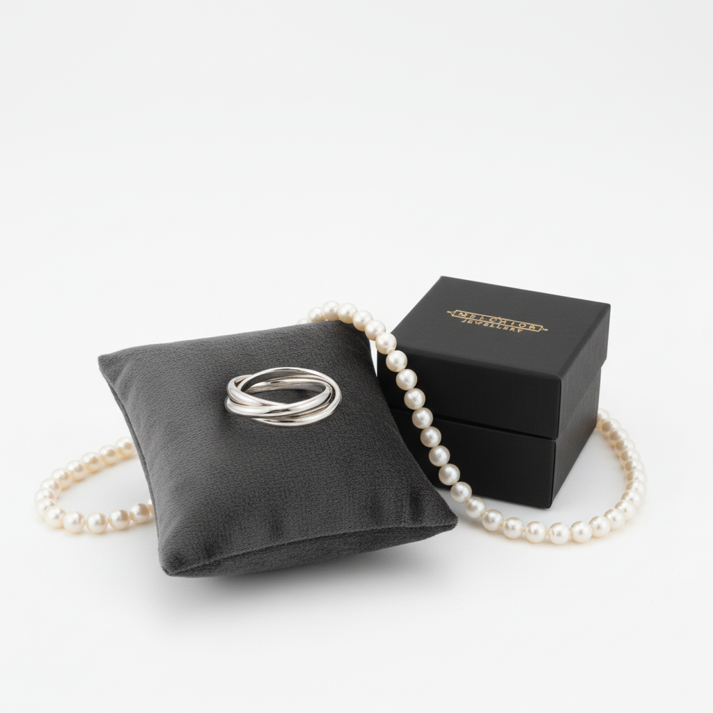 Sterling silver 3 band Russian wedding ring from Melchior Jewellery displayed on black cushion with pearl necklace and black gift box
