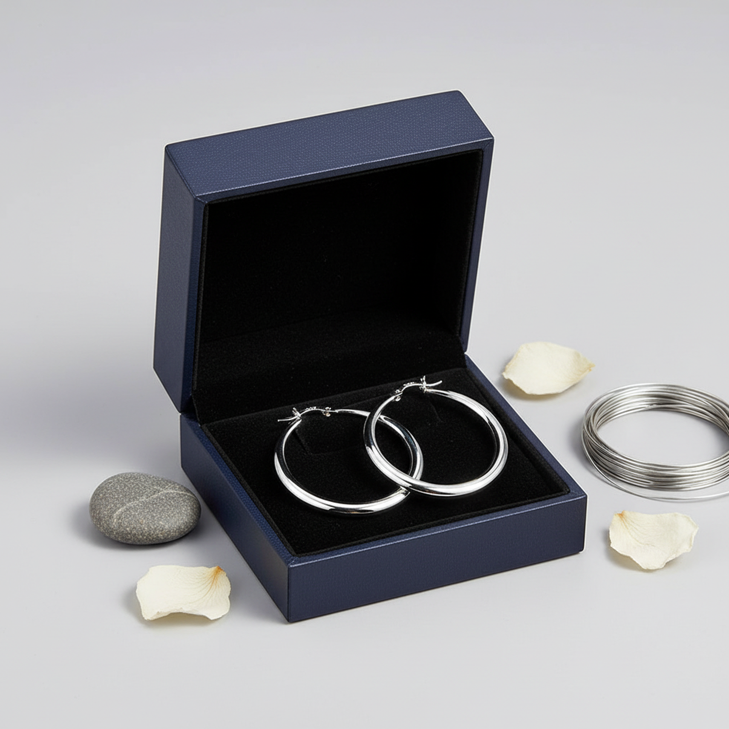 Sterling silver 30mm round french lock hoop earrings displayed in a navy blue jewellery box by Melchior Jewellery