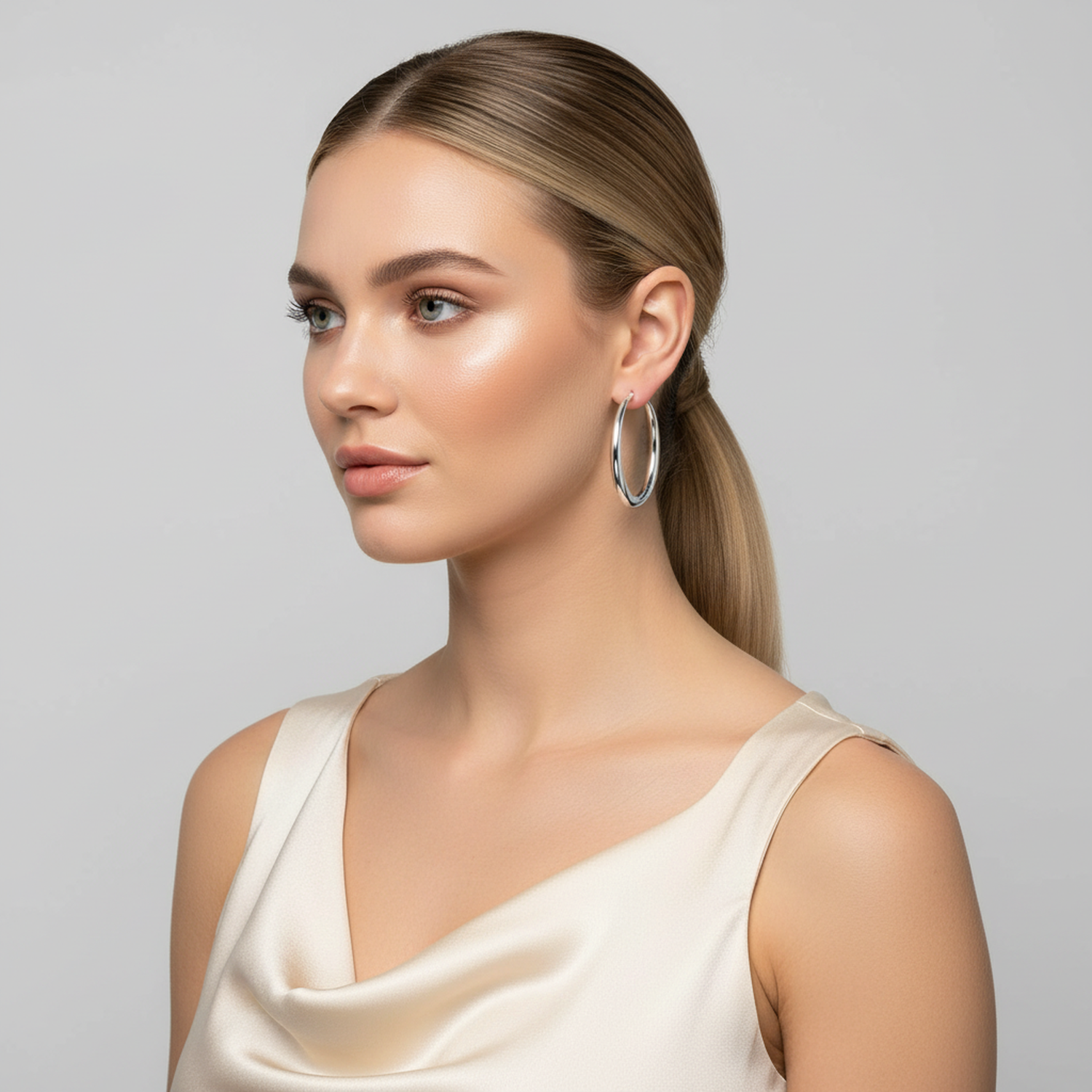 Woman wearing sterling silver 30mm round french lock hoop earrings by Melchior Jewellery