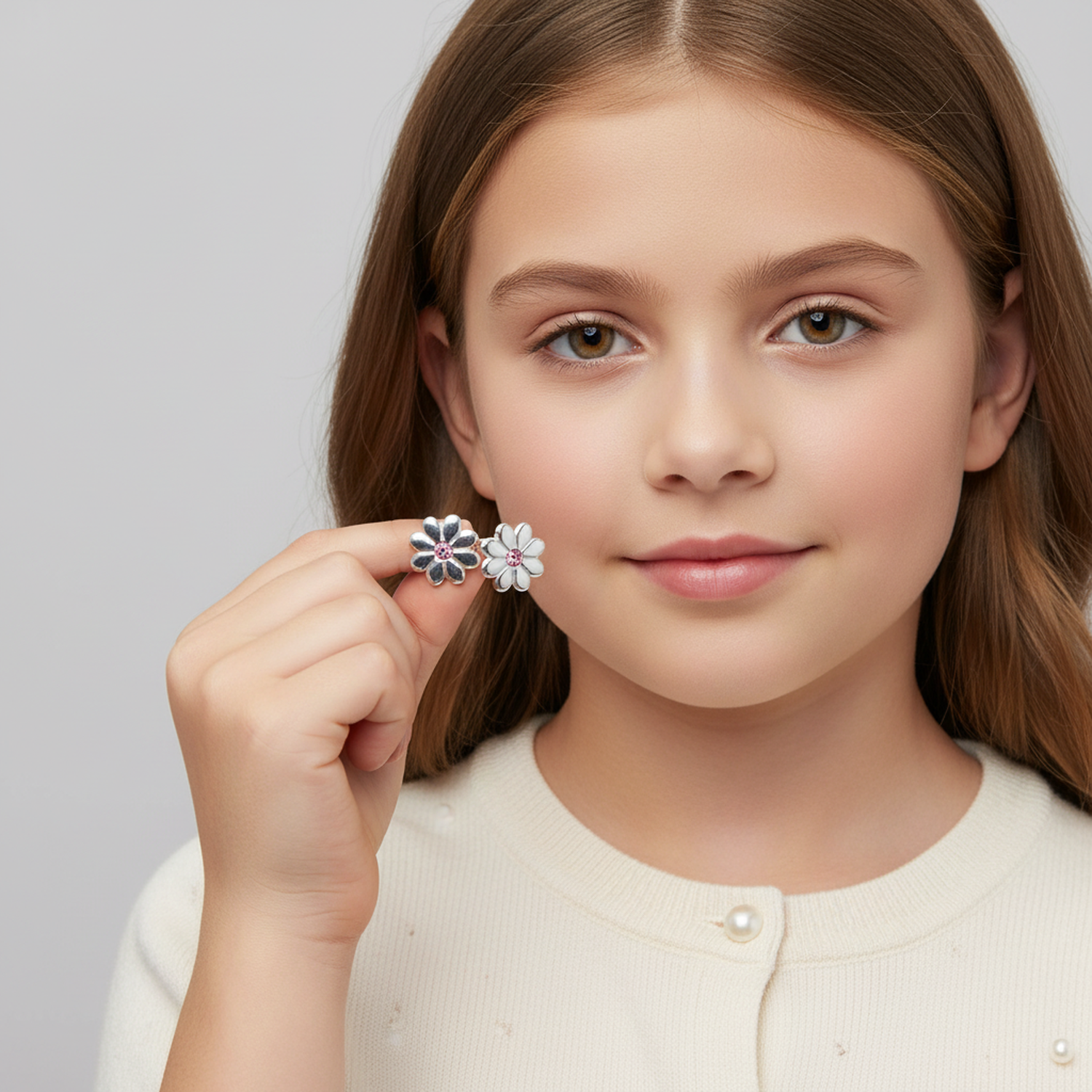 Young girl holding sterling silver 7mm daisy earrings for girls with white petals and pink centres by Melchior Jewellery