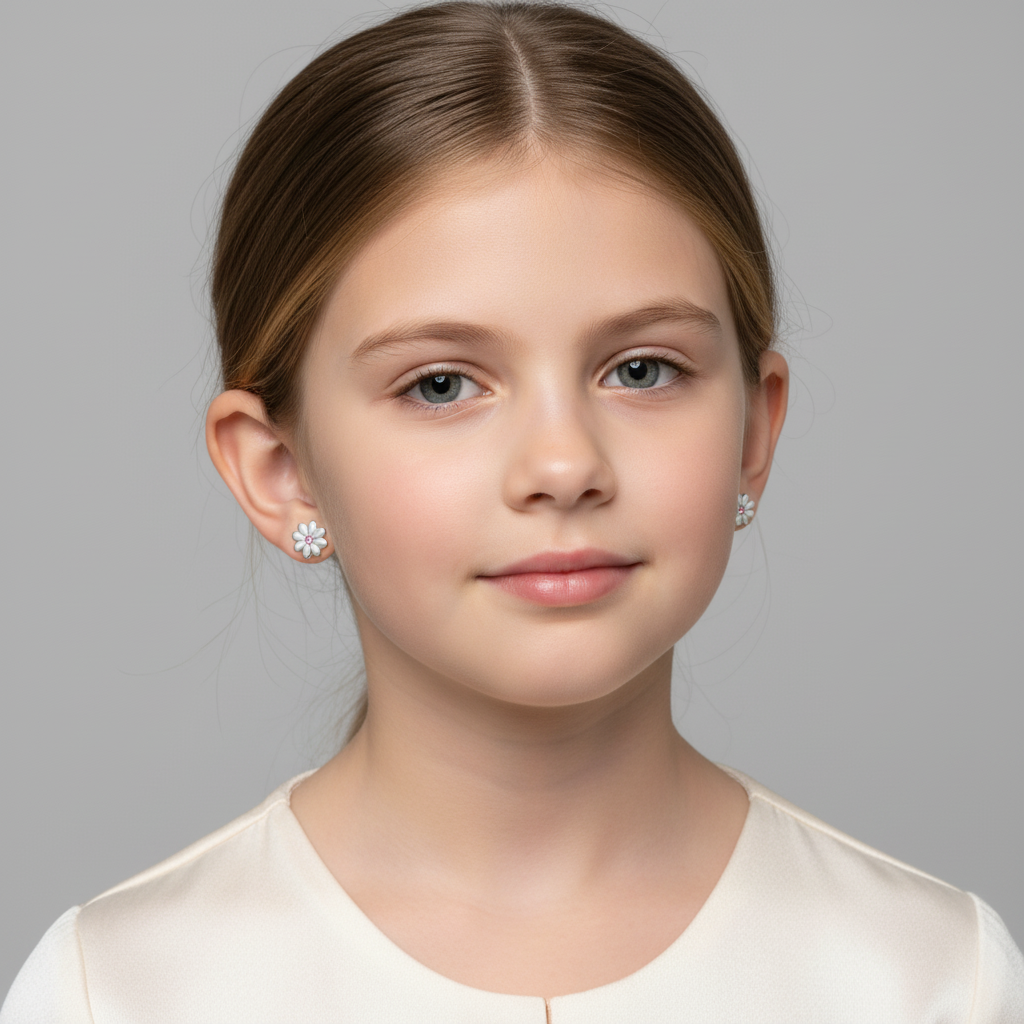 Girl wearing sterling silver 7mm daisy earrings for girls by Melchior Jewellery with white petals and yellow centre