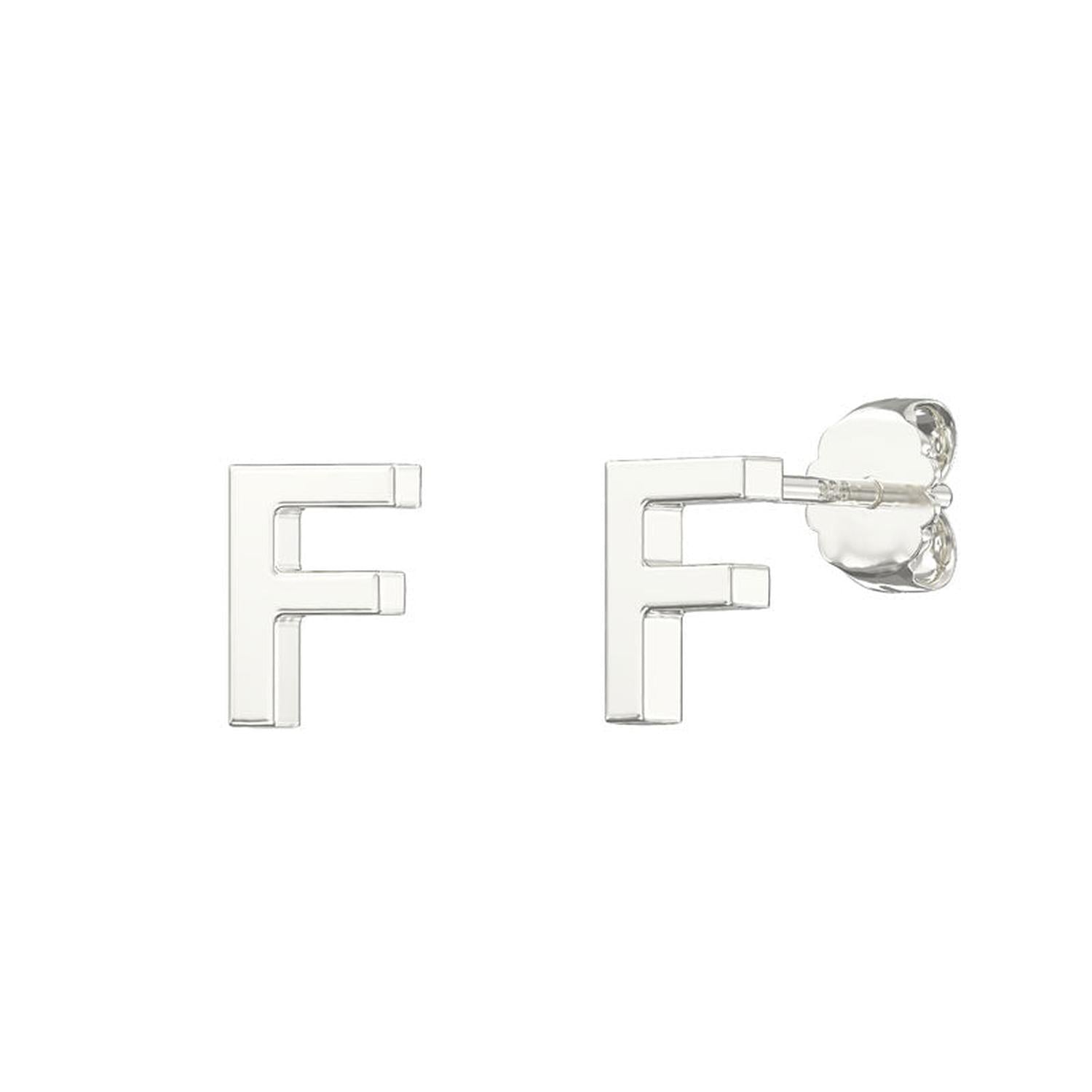 Sterling Silver Alphabet Letter F Stud Earrings in polished silver finish by Melchior Jewellery