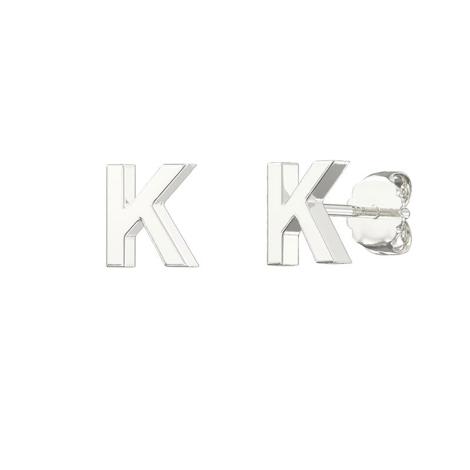 Melchior Jewellery sterling silver alphabet letter stud earrings shaped as the letter K in polished silver finish