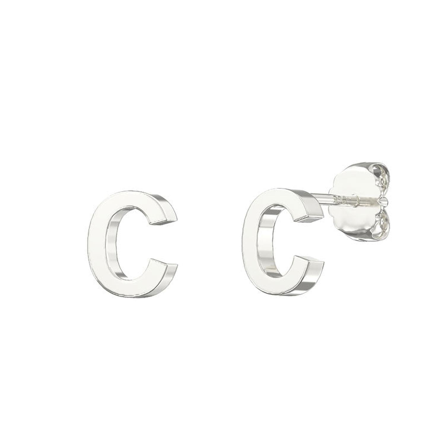Sterling Silver Alphabet Letter Stud Earrings shaped as letter C with a polished shiny finish