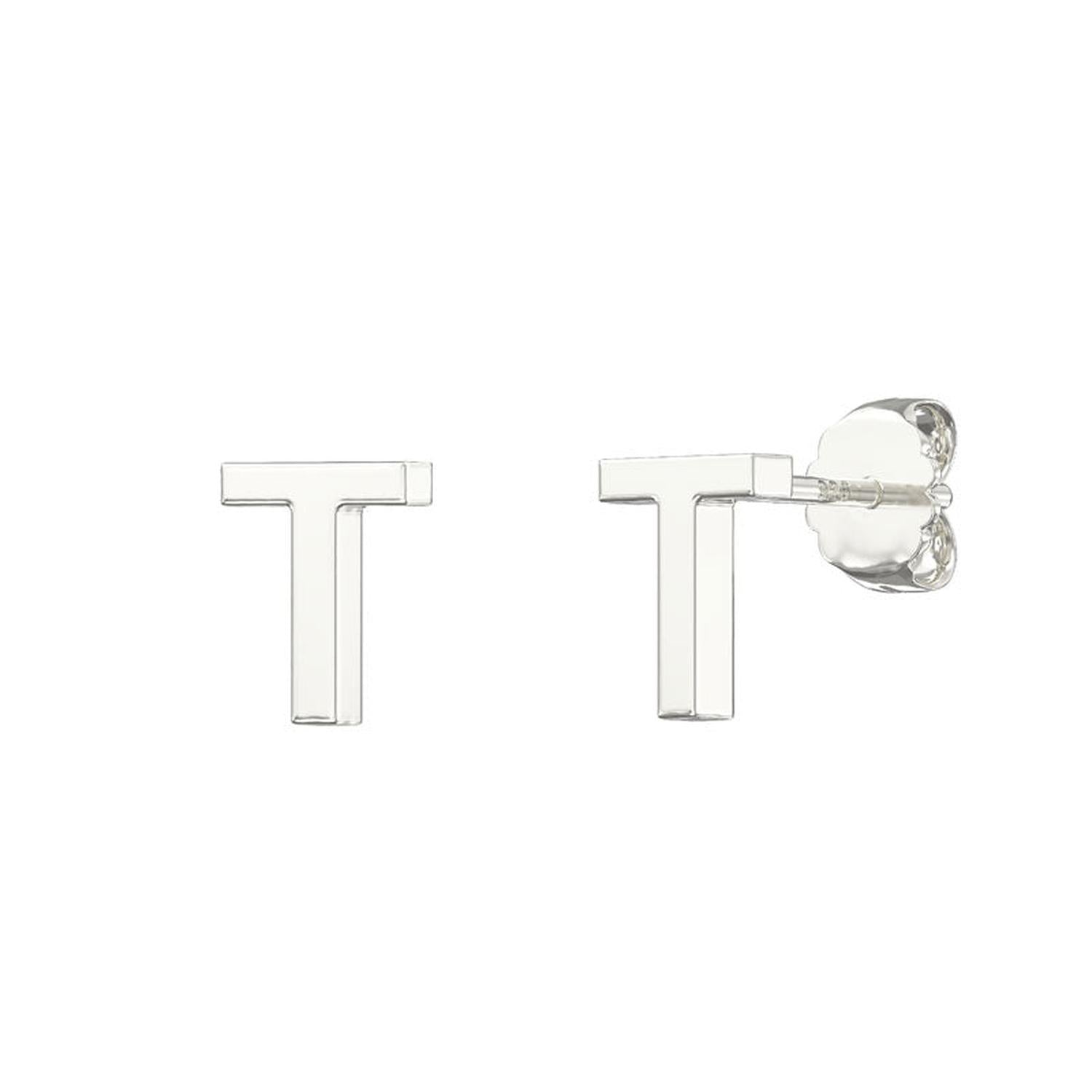 Melchior Jewellery sterling silver alphabet letter stud earrings in polished silver finish shaped as letter T