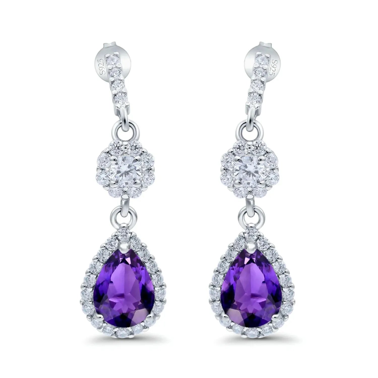 Melchior Jewellery sterling silver amethyst earrings featuring pear-shaped purple amethyst surrounded by clear sparkling stones