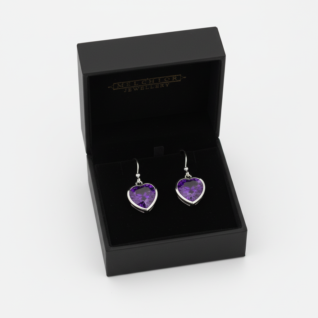 Melchior Jewellery sterling silver amethyst heart earrings displayed in black gift box