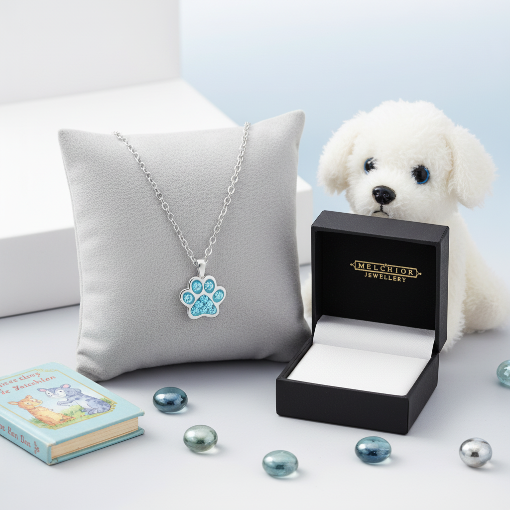 Sterling silver animal pendant for children in paw design on a chain displayed on grey cushion by Melchior Jewellery