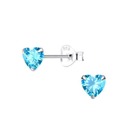 Sterling silver aqua heart stud earrings for children by Melchior Jewellery featuring bright blue heart-shaped stones